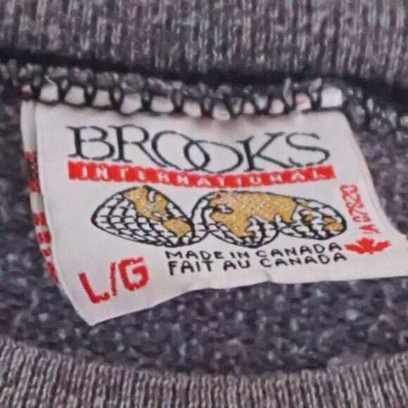 Vintage '90S Brooks International Gray Orange Spellout Cotton Crewneck Sweater L - Picture 4 of 11